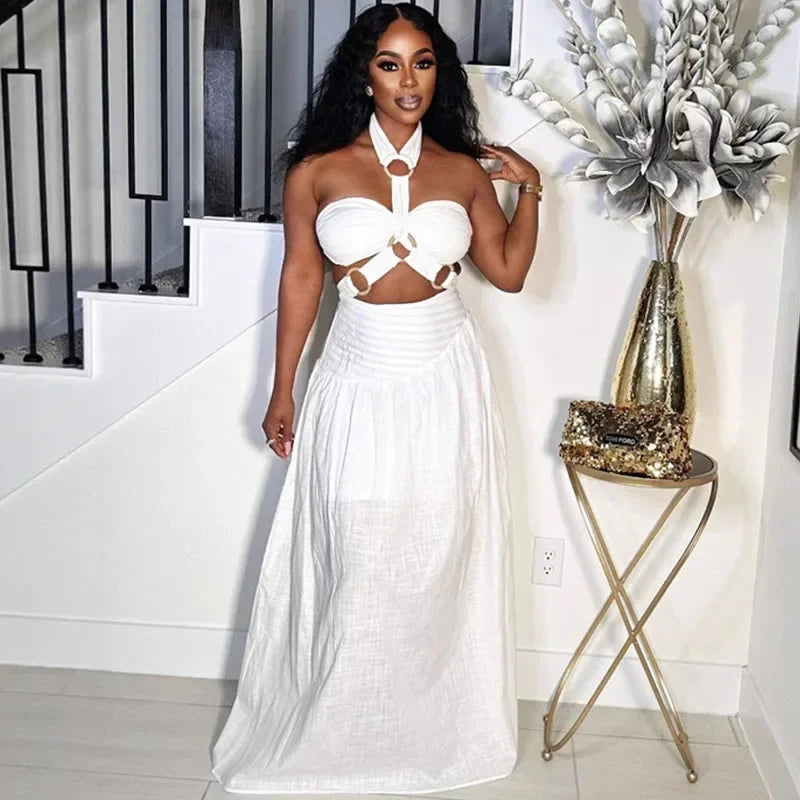 Sexy Halter Backless Maxi Dress Sets Woman Two Piece Set Festival Outfit Y2K Bandage Hollow Out Top and Long Skirt Matching Sets
