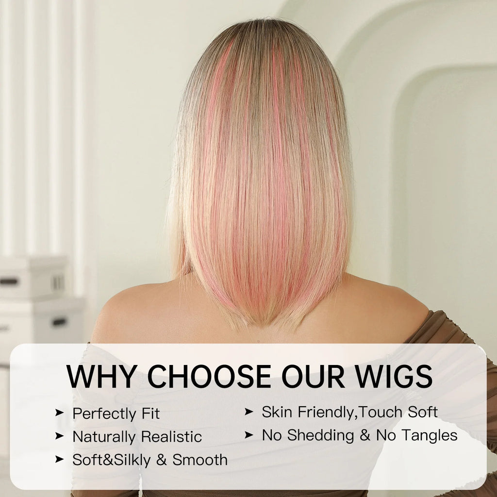 Ombre Blonde Pink Bob Wig with Fluffy Bangs Synthetic Short Straight Wigs for Black Women Heat Resistant Cosplay Daily Hair