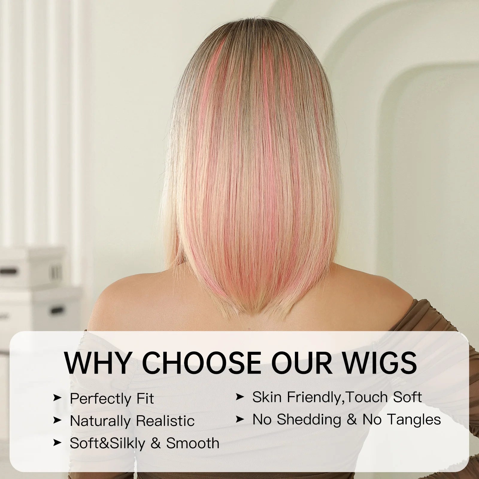 Ombre Blonde Pink Bob Wig with Fluffy Bangs Synthetic Short Straight Wigs for Black Women Heat Resistant Cosplay Daily Hair