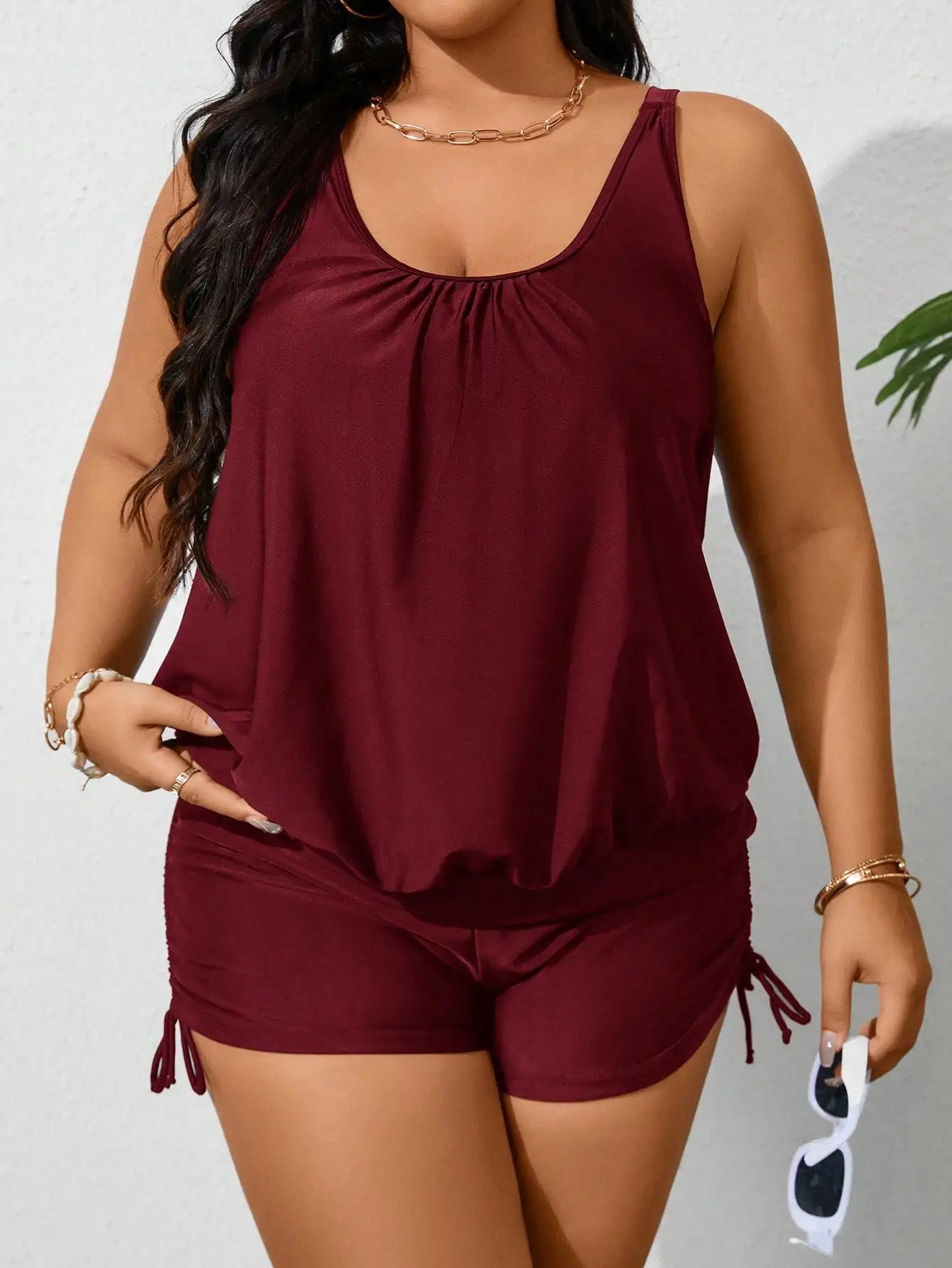 Plus Size Summer Beach Solid Sleeveless Ruched Tankini Set