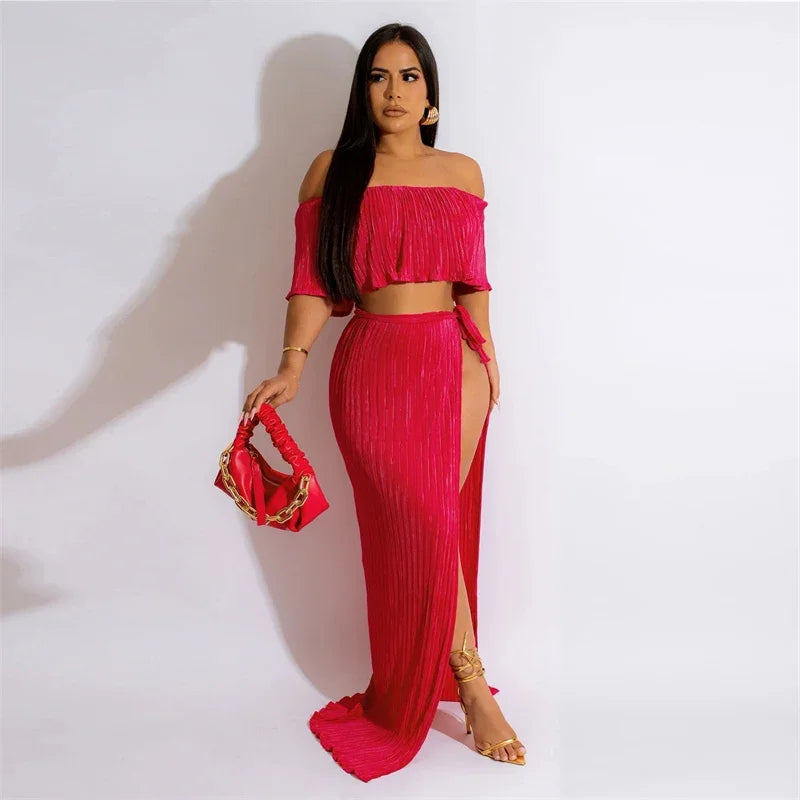 Vacation Two Piece Set for Women Maxi Dress Sets Clubwear Slash Neck Ruffles Crop Top and Long Skirts Sexy Night Club Outfits