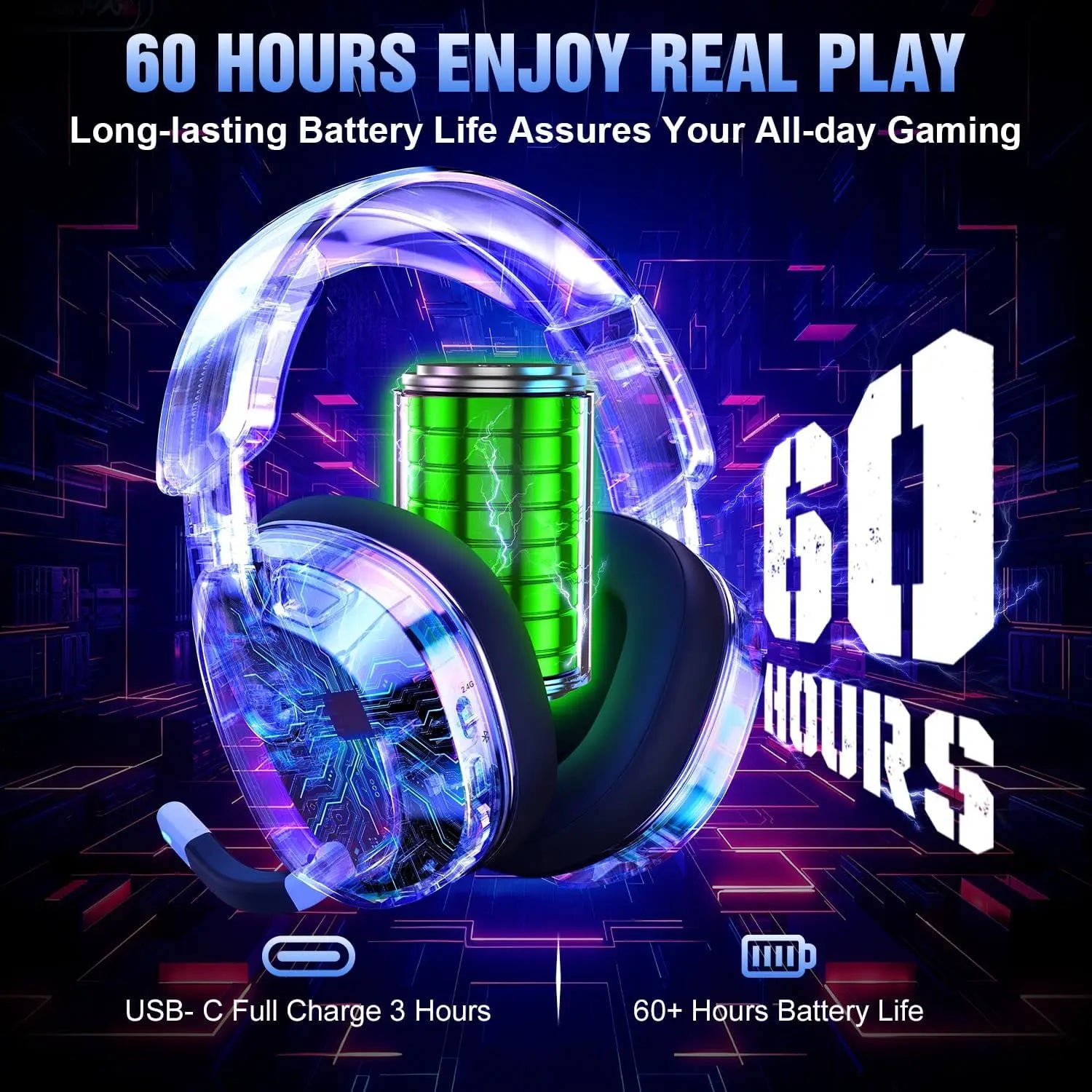 Wireless Gaming Headset for PS5 PS4 PC Switch Mac - RGB Over-Ear with Noise Cancelling Mic, 60H Playtime, 7.1 Surround Sound