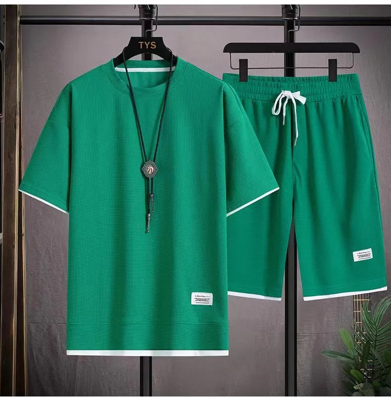 Korean Men's Waffle Tracksuit Short Sleeve T-shirts And Sports Shorts Summer Casual Outfits Joggers Sets Men's Two Piece Suit
