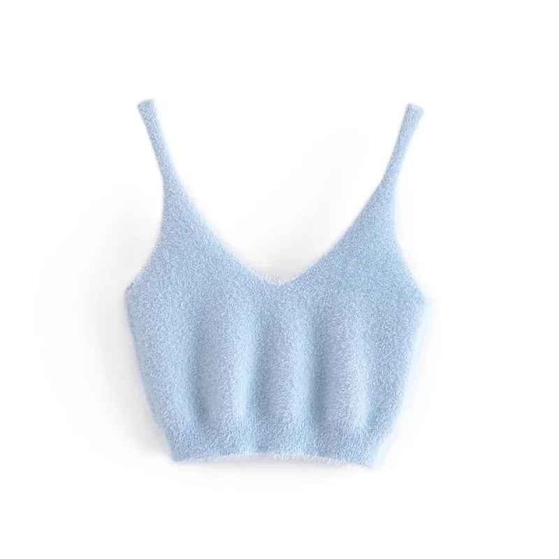 Taruxy Women Two Piece Sets Outfits White Plush Mohair Drill Button Cardigan Coats With Bra Tops And Mini Shorts Matching Sets