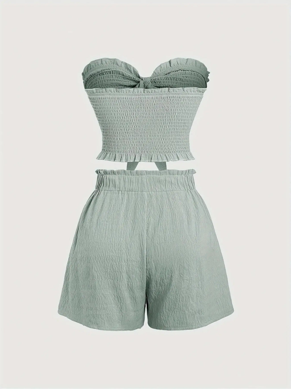 Simple, beachy style, romantic seaside. Date outfit featuring a top with gathered details and shorts, a two-piece set for women.