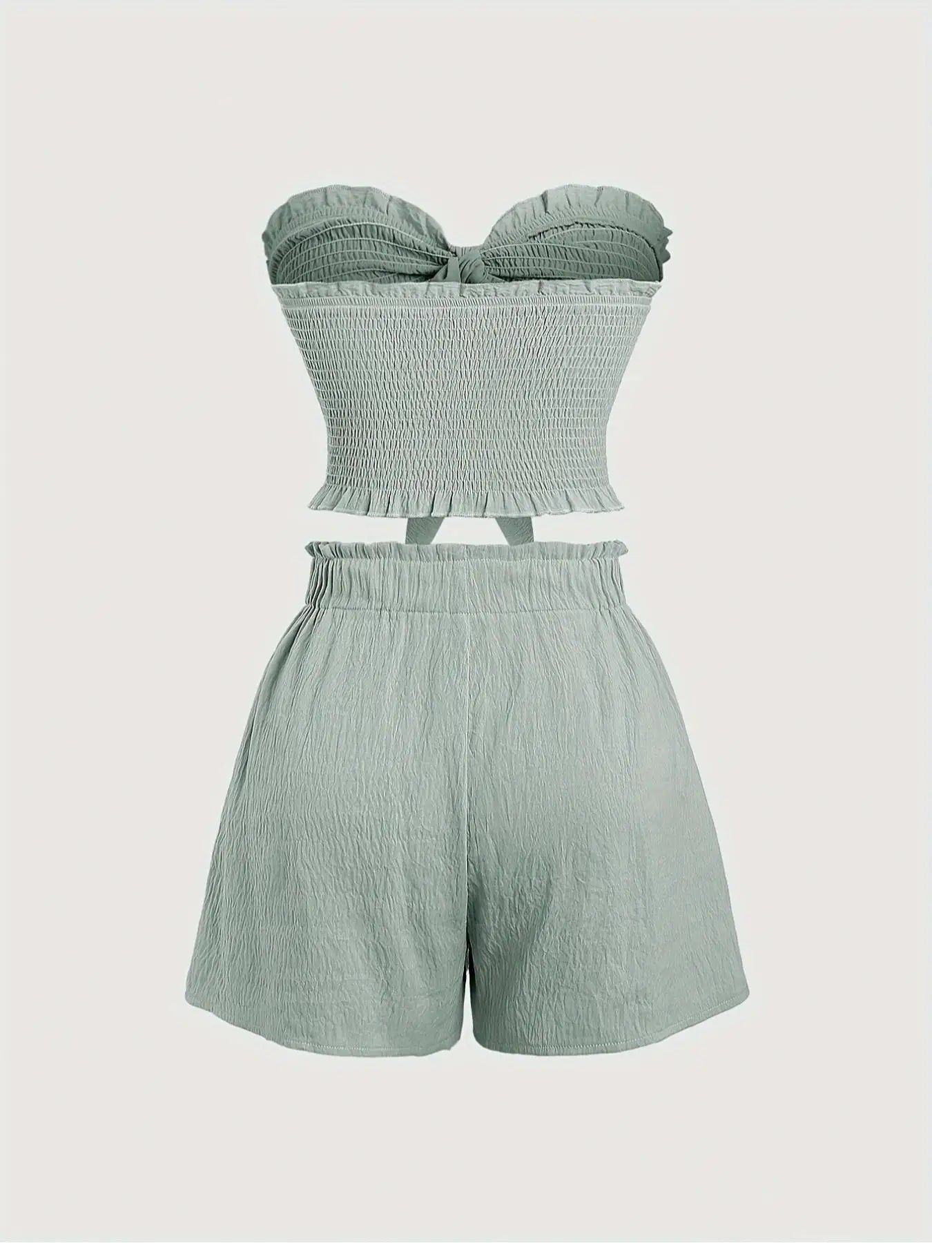 Simple, beachy style, romantic seaside. Date outfit featuring a top with gathered details and shorts, a two-piece set for women.