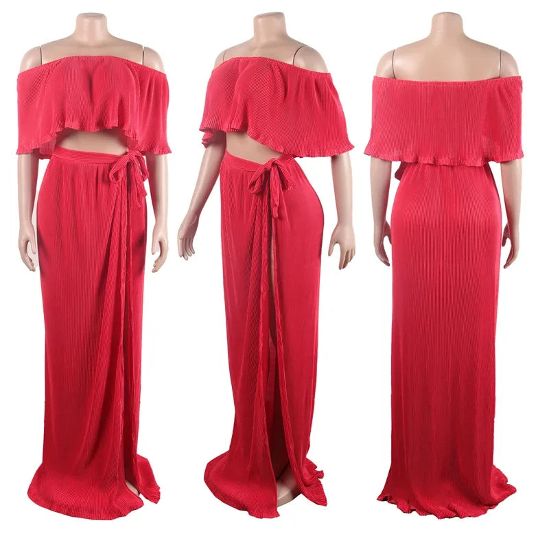 Vacation Two Piece Set for Women Maxi Dress Sets Clubwear Slash Neck Ruffles Crop Top and Long Skirts Sexy Night Club Outfits