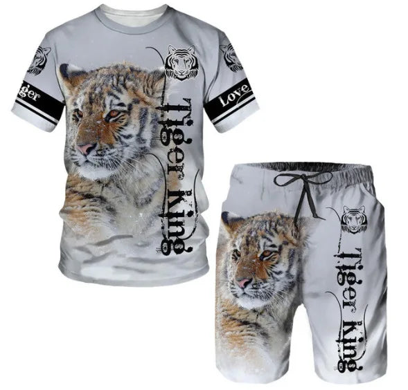 New Summer Men's Sets Shorts Outfits 3D Tiger Printed Short Sleeve T-shirt Two Pieces Casual Tracksuit Oversized Beach Sportwear