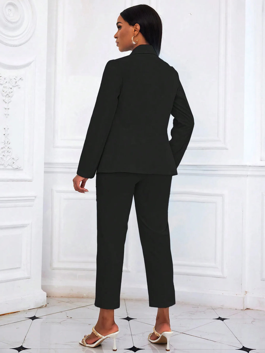 Women's Black Solid Color Two Piece Suit 2026 Long Sleeve Blazer & High Waist Cropped Pants Set Office Work Wear Outfit