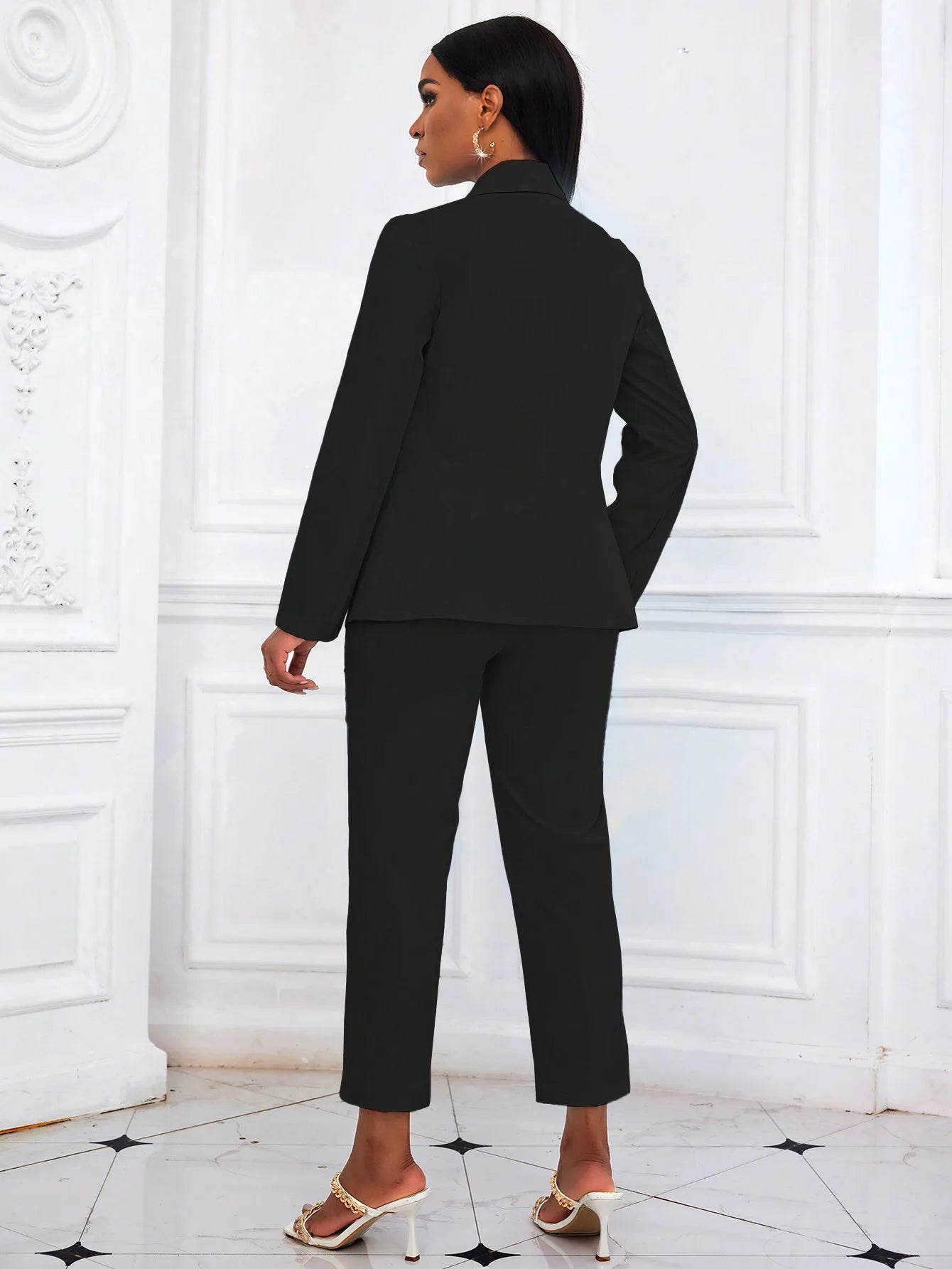Women's Black Solid Color Two Piece Suit 2026 Long Sleeve Blazer & High Waist Cropped Pants Set Office Work Wear Outfit
