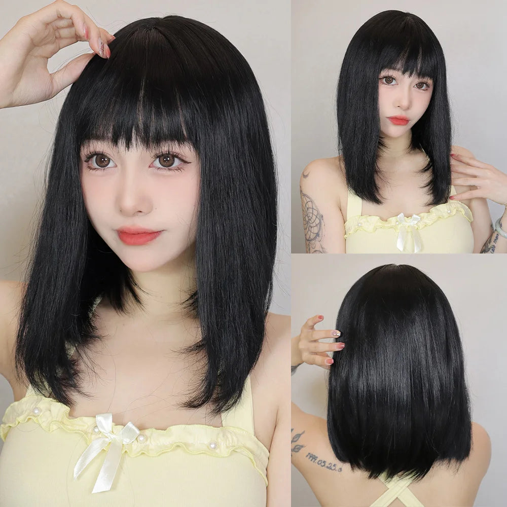 Ombre Blonde Pink Bob Wig with Fluffy Bangs Synthetic Short Straight Wigs for Black Women Heat Resistant Cosplay Daily Hair