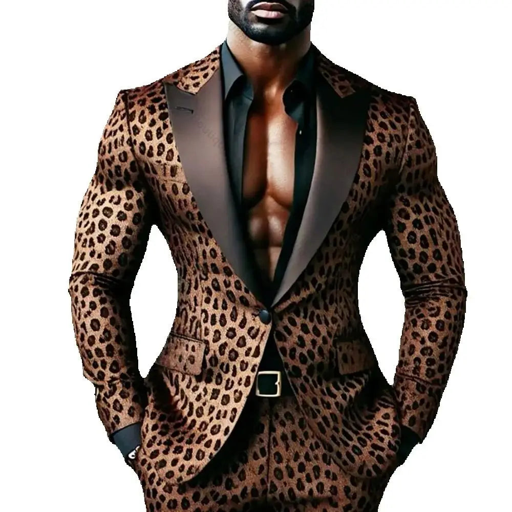 Leopard Floral Men Suits for Prom Party Two Pieces Casual Wedding Outfits Custom Made Groom Tuxedo Male Suit Set Jacket Pants