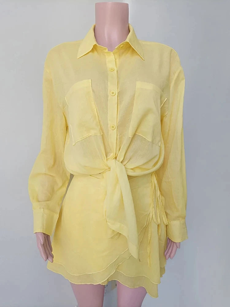 Women's Yellow Vacation Two Piece Set Turn-Down Collar Shirt & Bandage Mini Skirt Summer Beachwear Outfit Casual Slim Suit Chic