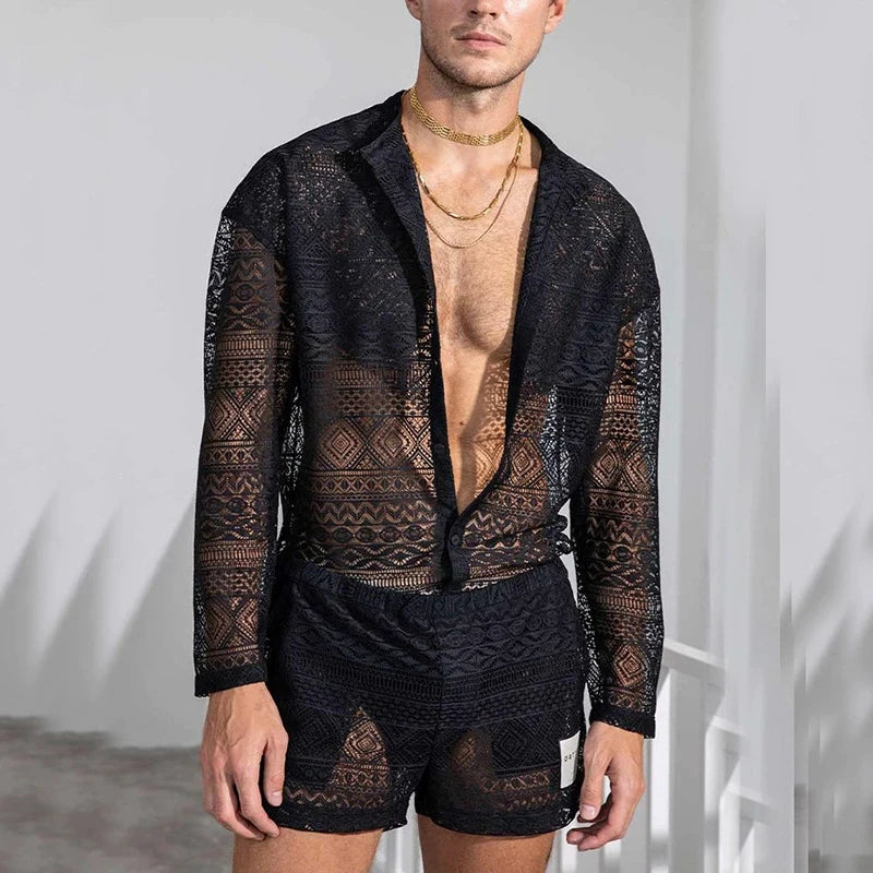 Nightwear Mens Sexy Pajamas Sets 2025 Summer Leisure Hollow Out Embroidery Mesh Two Piece Suits Fashion Tops And Shorts Outfits