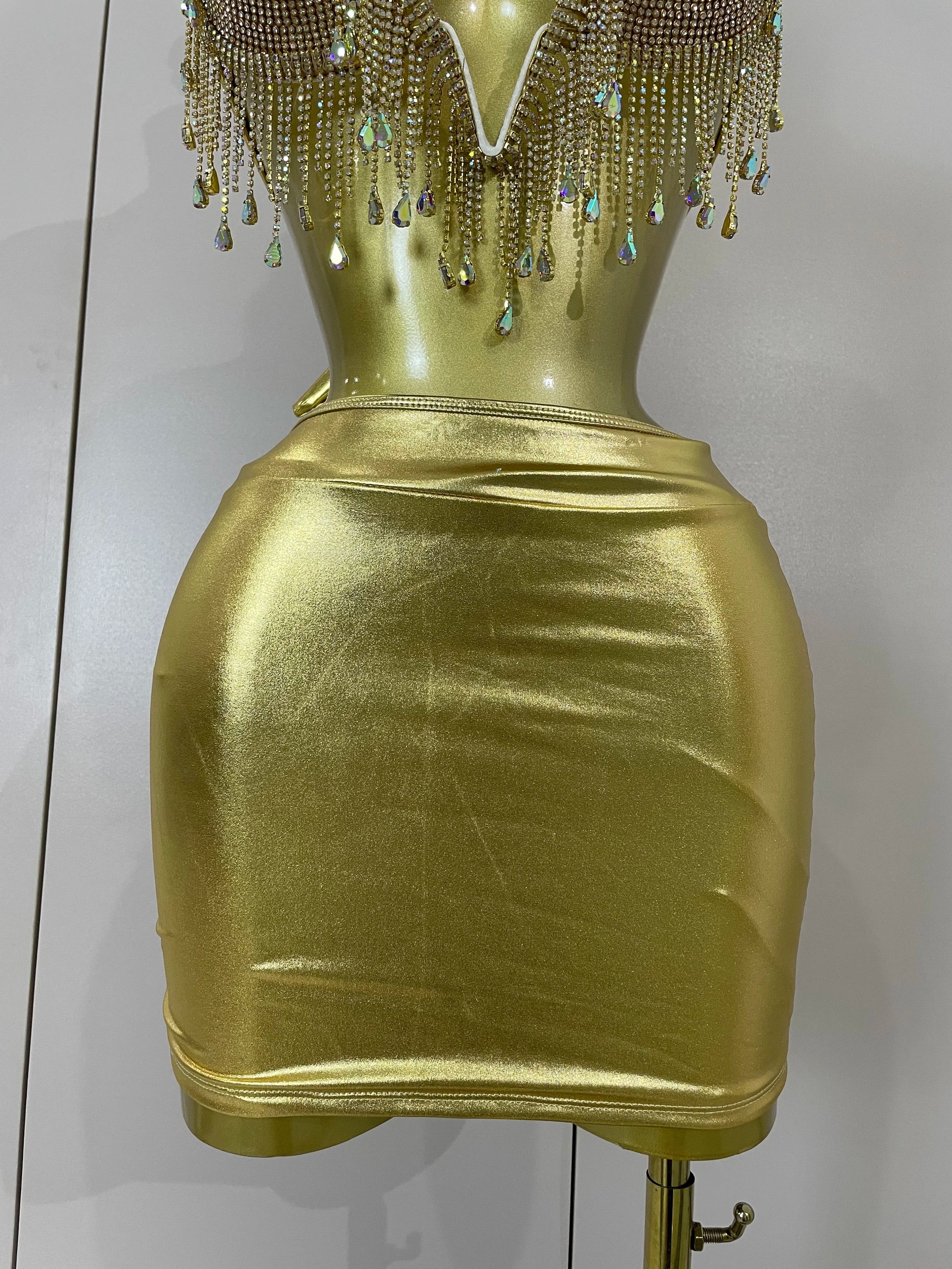 Luxury Shiny Diamond Chain Top Mini Dress Two Pieces Women Eveing Celebrate Party NightClub Festival Outfit Sexy Stage Costume
