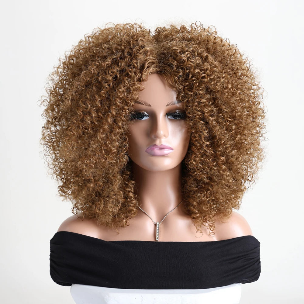 16 Inch Afro Kinky Curly Hair Wigs With Bangs Soft Fluffy Synthetic Fiber None Lace Wigs For Party Cosplay Daily Use