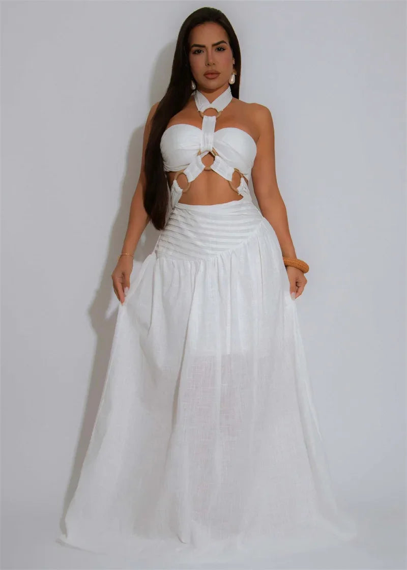 Sexy Halter Backless Maxi Dress Sets Woman Two Piece Set Festival Outfit Y2K Bandage Hollow Out Top and Long Skirt Matching Sets