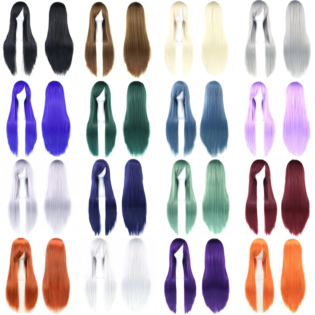 Soowee 80cm Long Synthetic Hair White Purple Cosplay Wigs Party Black Hair Straight Wig Hairpiece for Women