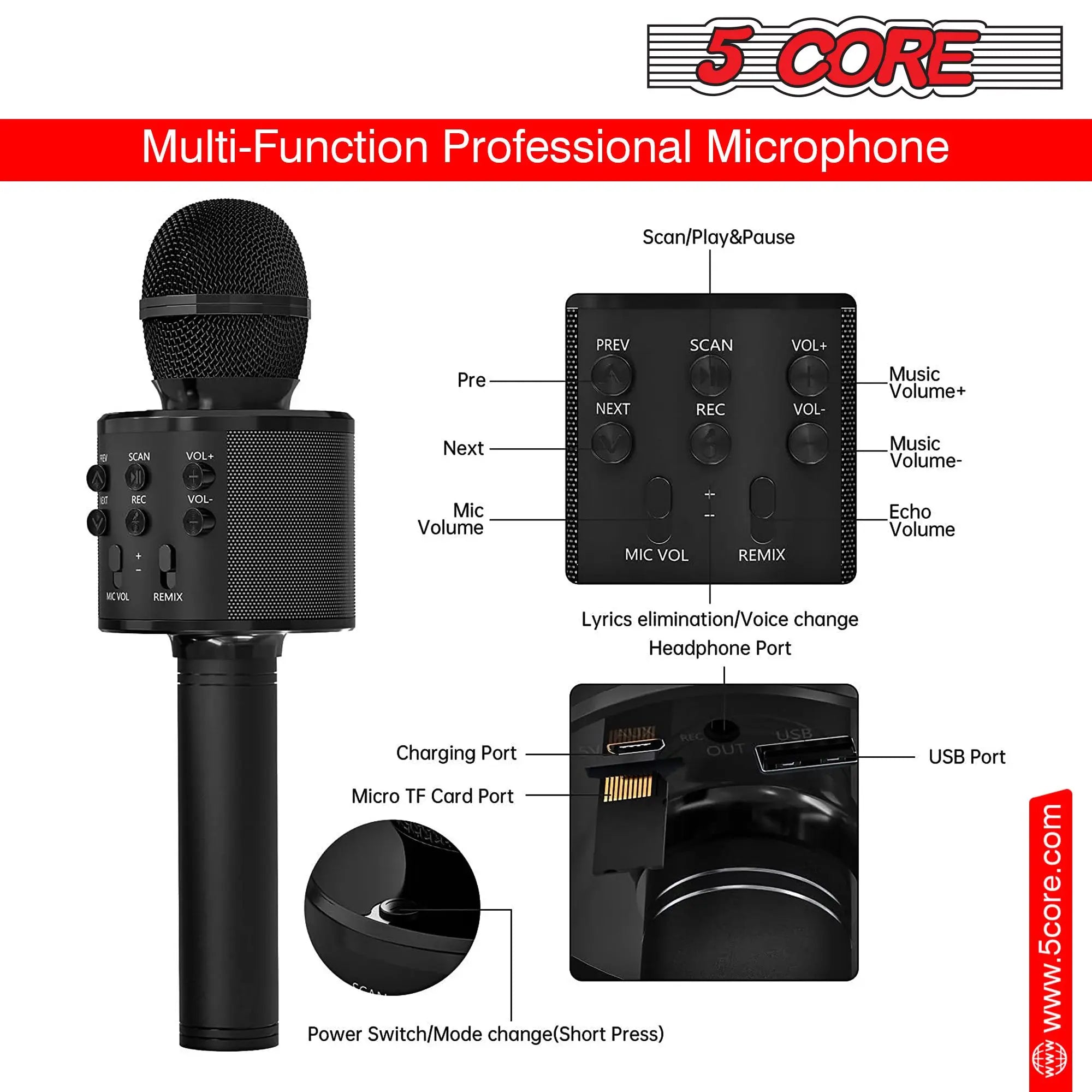 5 Core Microphone Wireless Karaoke Mic With Speaker 3 in 1 Portable Bluetooth Microfono Inalambrico