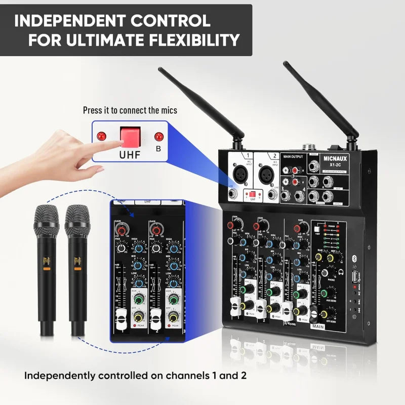 4 Channel Audio Mixer, Karaoke Mixer with Dual Wireless Microphones, Professional Sound Board DJ Mixing Bluetooth 48V Phantom