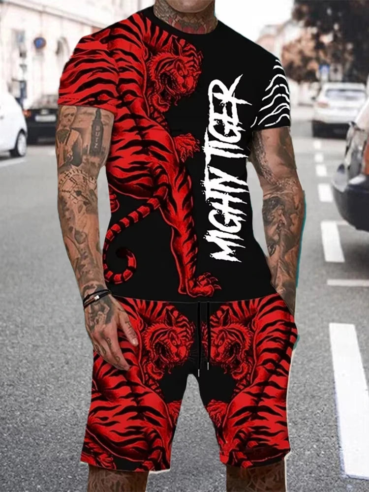 Summer Men Sets Shorts Outfits Male Tees Street T Shirt Two Piece 3D Lion Print Casual O-Neck Tracksuit Oversized Beach T Shirt