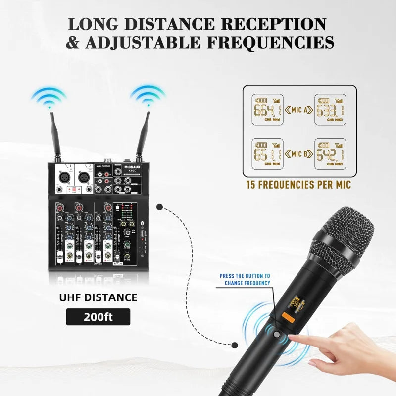 4 Channel Audio Mixer, Karaoke Mixer with Dual Wireless Microphones, Professional Sound Board DJ Mixing Bluetooth 48V Phantom