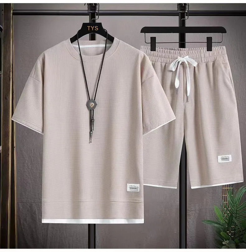 Korean Men's Waffle Tracksuit Short Sleeve T-shirts And Sports Shorts Summer Casual Outfits Joggers Sets Men's Two Piece Suit