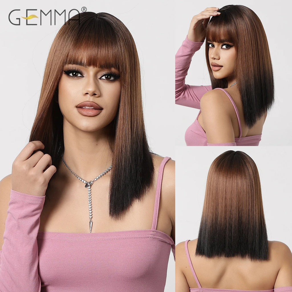 Ombre Blonde Pink Bob Wig with Fluffy Bangs Synthetic Short Straight Wigs for Black Women Heat Resistant Cosplay Daily Hair
