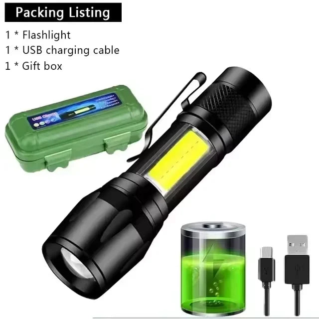 COB+XPE Mini Portable Flashlight Zoomable Small Torch USB Rechargeable Outdoor Camping Fishing Long Range Emergency Lantern