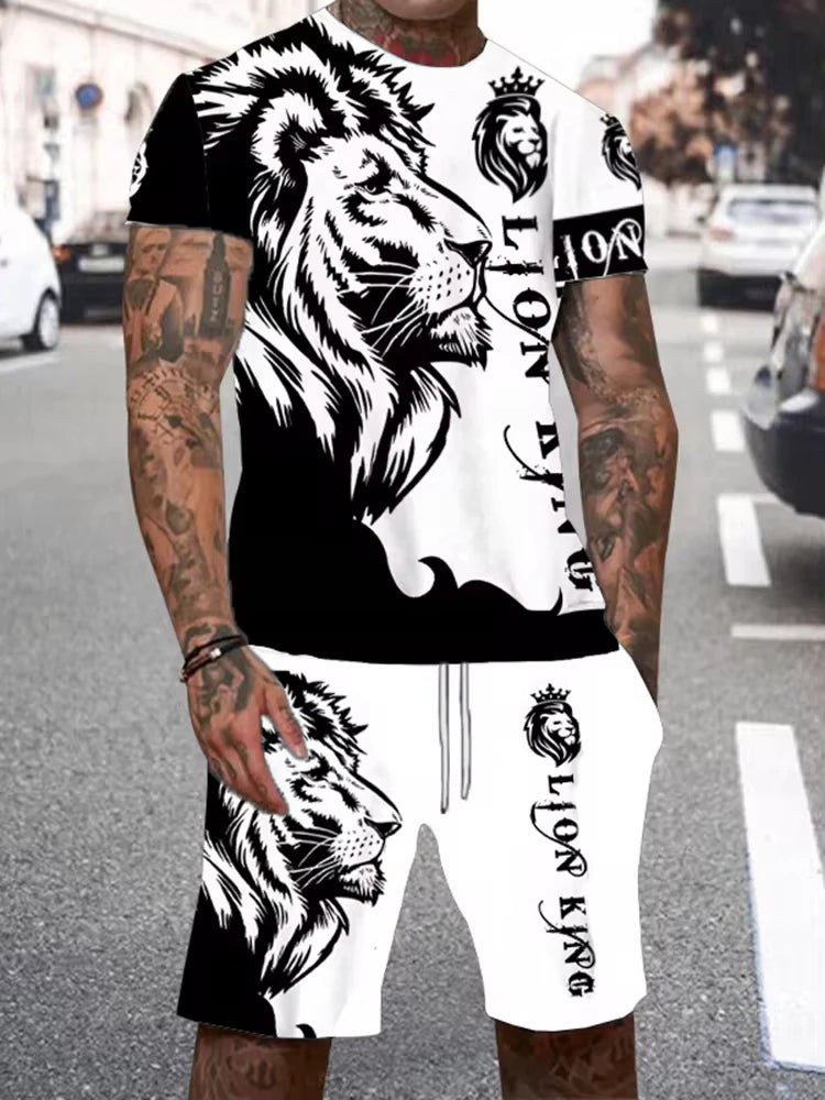 Summer Men Sets Shorts Outfits Male Tees Street T Shirt Two Piece 3D Lion Print Casual O-Neck Tracksuit Oversized Beach T Shirt