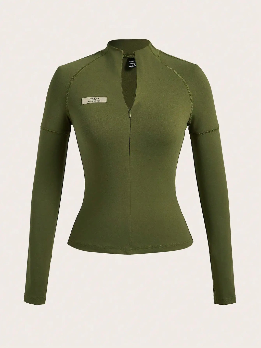 Women's Olive Green Long Sleeve Half Zipper Stand Collar Yoga Top Casual Sportswear