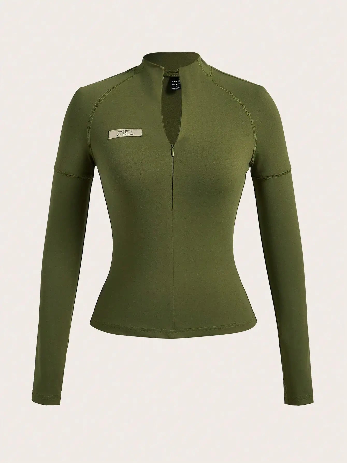 Women's Olive Green Long Sleeve Half Zipper Stand Collar Yoga Top Casual Sportswear