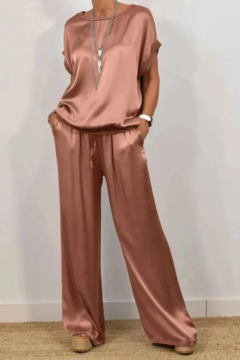 Simple Satin Women's Suits Summer Fashion Short sleeve Loose Blouse Wide Leg Pants Two Piece Set For Women Casual Outfits
