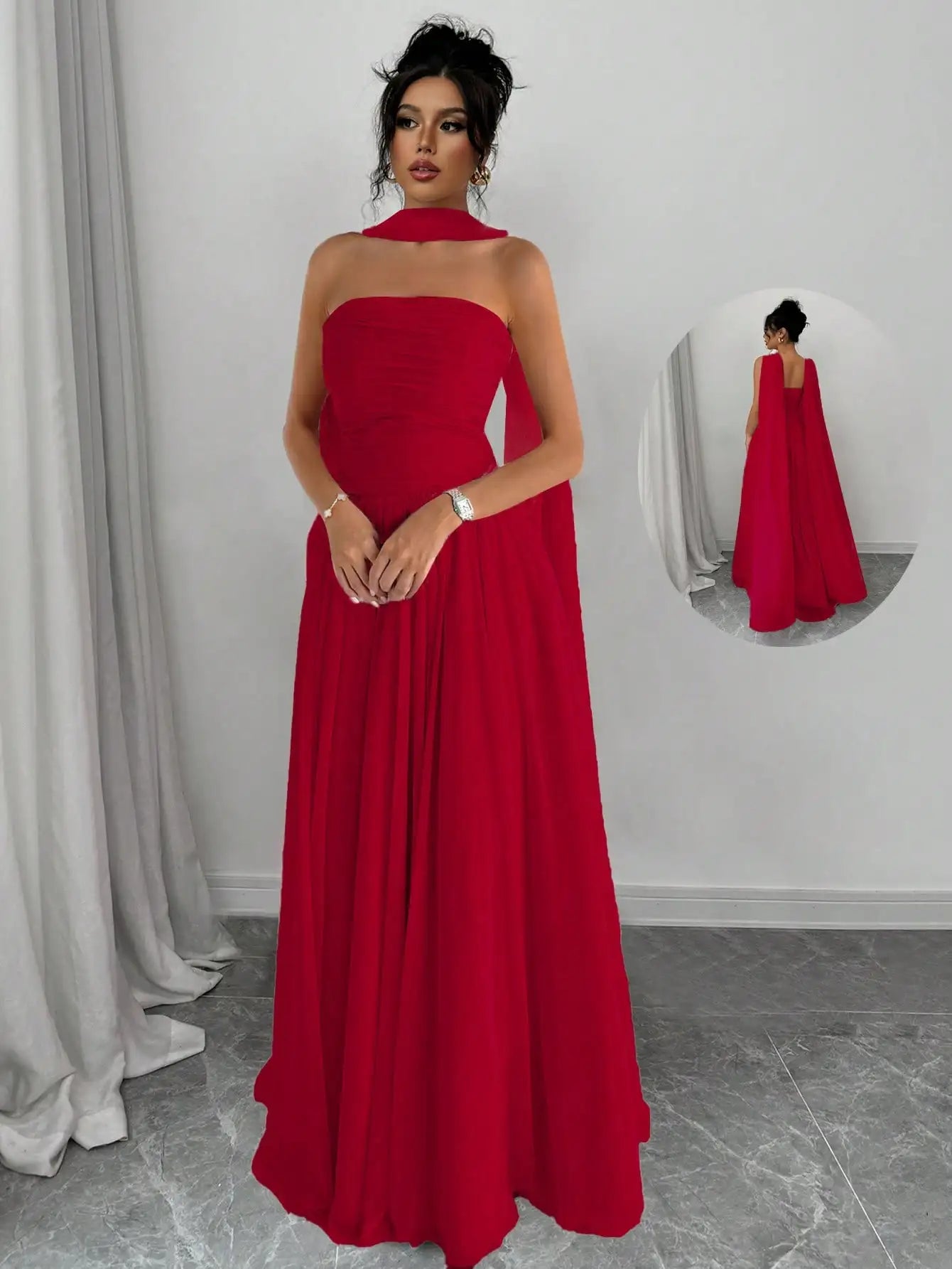Elegant Solid Pink Sleeveless Maxi Dress With Backless Design And Draped Cape Overlay