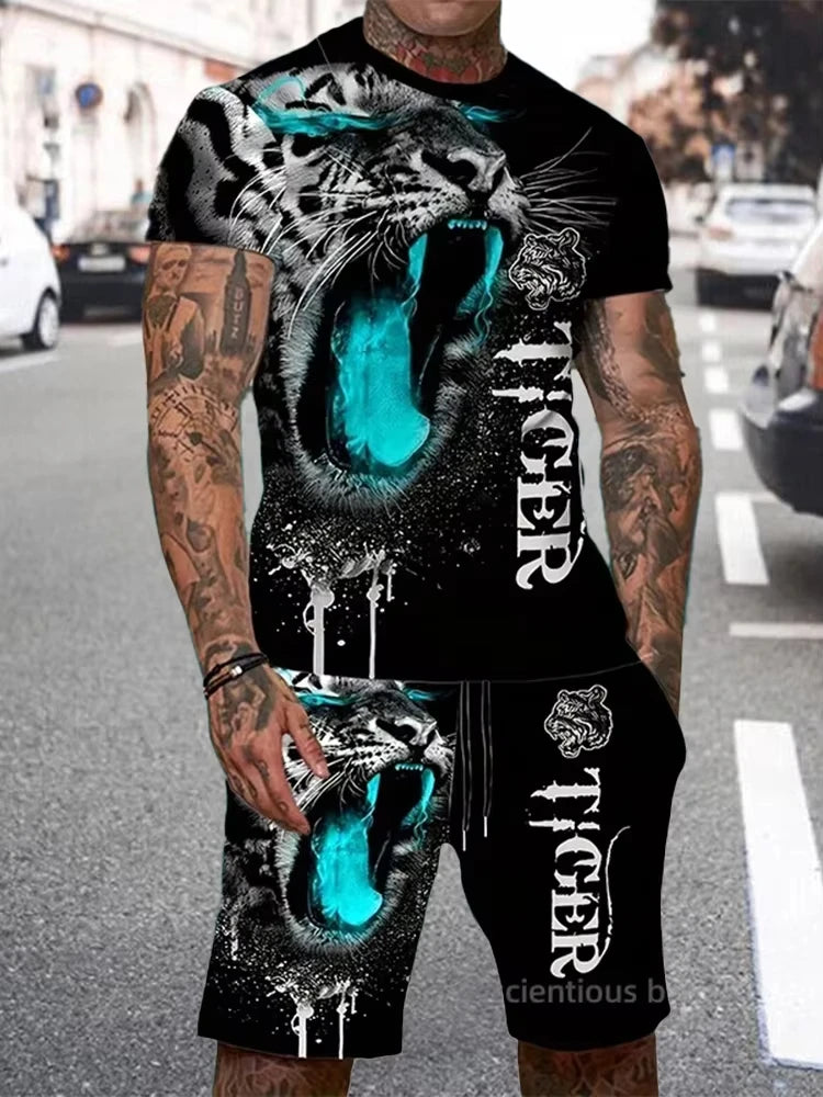 Summer Men Sets Shorts Outfits Male Tees Street T Shirt Two Piece 3D Lion Print Casual O-Neck Tracksuit Oversized Beach T Shirt