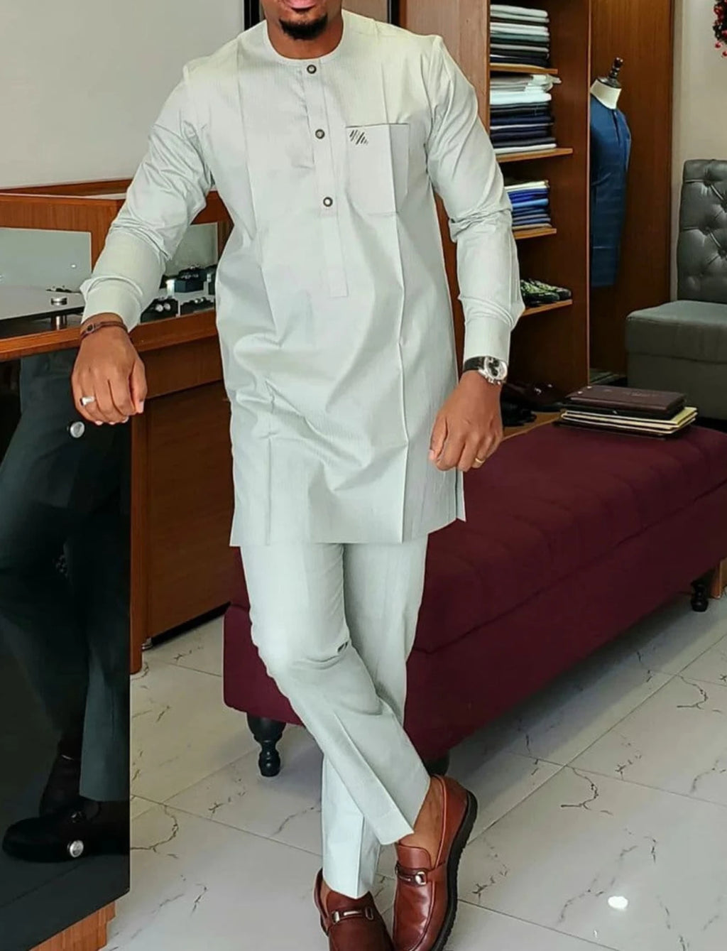 African Men Shirt Outfits Party Ethnic Pocket Splicing Africa Simple Long Sleeve Round Collar Blouse Pants Two Piece Suit
