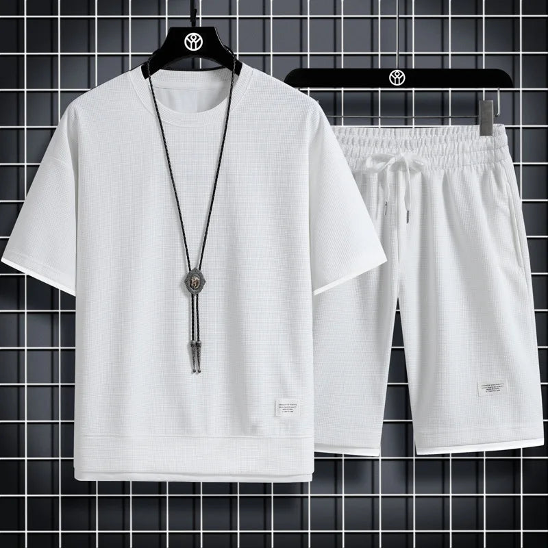 Korean Men's Waffle Tracksuit Short Sleeve T-shirts And Sports Shorts Summer Casual Outfits Joggers Sets Men's Two Piece Suit