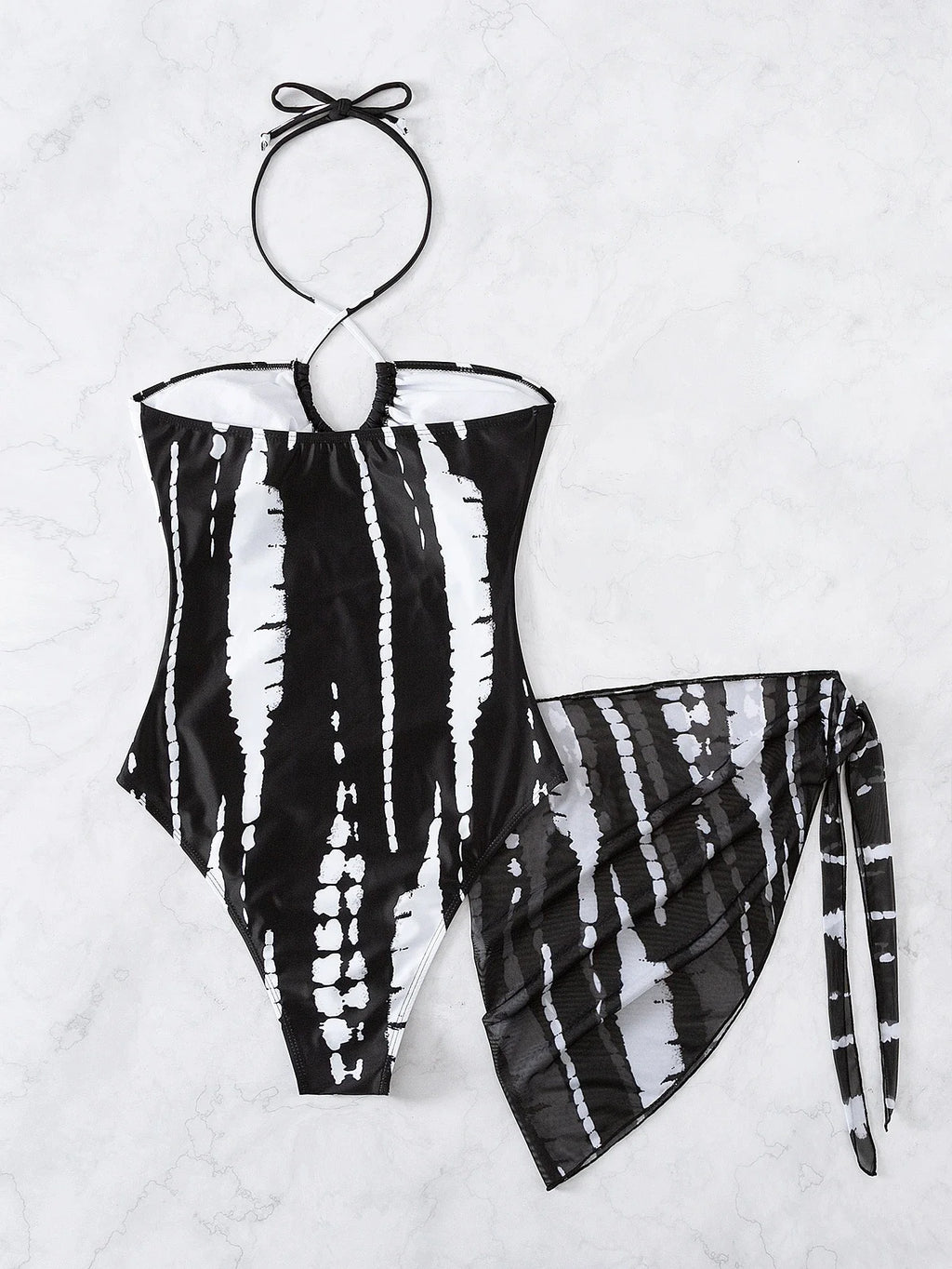Abstract Black White Tie Dye Halter One Piece With Cutout Detail And Sheer Wrap Skirt