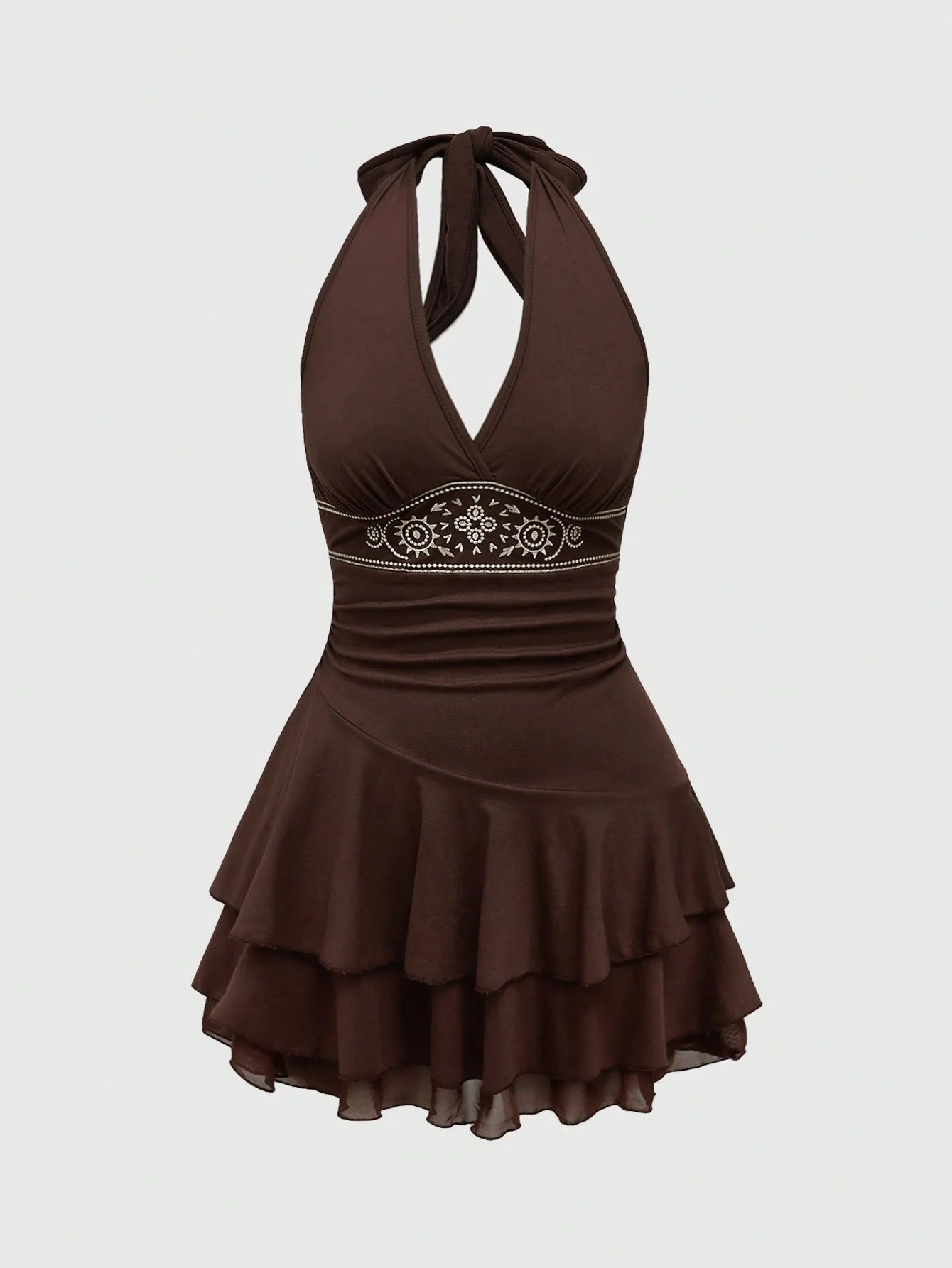 Brown Halter Neck Embroidered Tiered Hem Mini Dress with Floral Motif