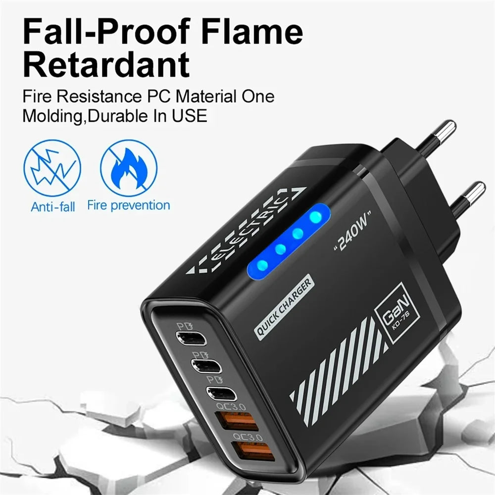 GaN 240W USB C Wall Charger 5 Ports PD QC3.0 Fast Charge Phone Adapter for iPhone 17 16 15 Samsung Xiaomi Huawei EU/US/UK Plug