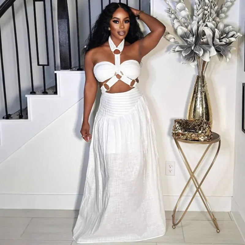 Sexy Halter Backless Maxi Dress Sets Woman Two Piece Set Festival Outfit Y2K Bandage Hollow Out Top and Long Skirt Matching Sets