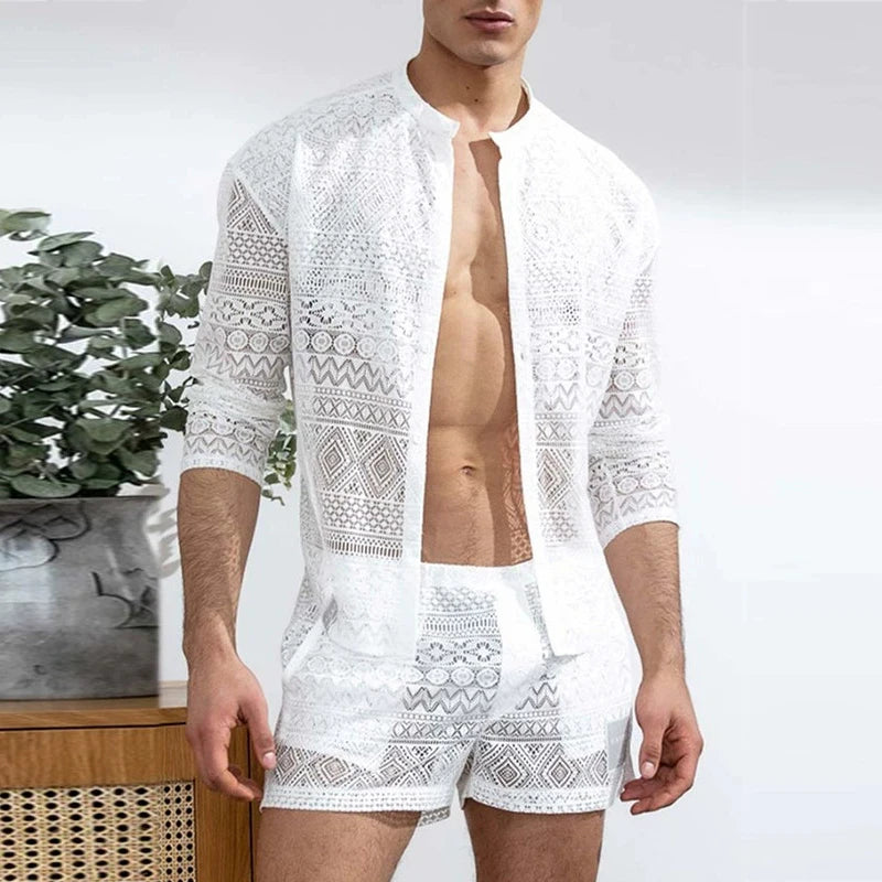 Nightwear Mens Sexy Pajamas Sets 2025 Summer Leisure Hollow Out Embroidery Mesh Two Piece Suits Fashion Tops And Shorts Outfits