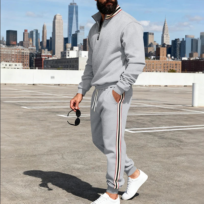 New Casual Mens Tracksuits Autumn Winter Fashion Striped Patchwork Two Piece Sets Men Stand Collar Sweatshirt And Pants Outfits