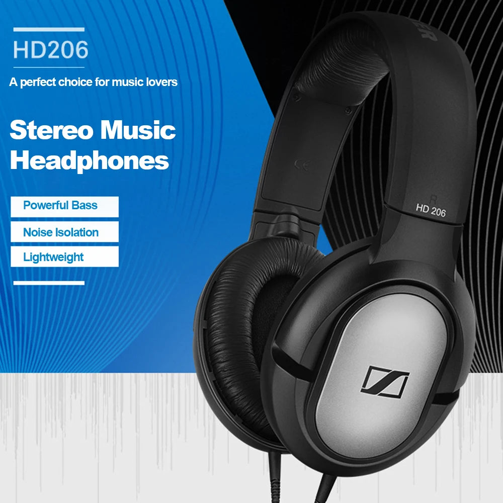 Sennheiser HD206 Over Ear Monitor Headphones Professional Studio DJ Headset HiFi Stereo Bass Wired Audio Earphone 3.5mm