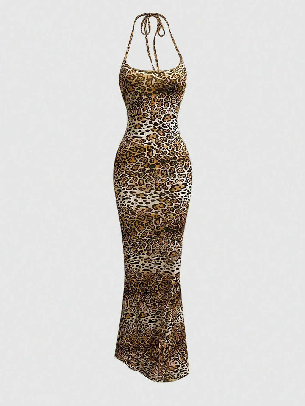 Sweetra Women's Leopard Print Mermaid Hem Fitted Elegant Halter Neck Dress Maxi Women Outfit