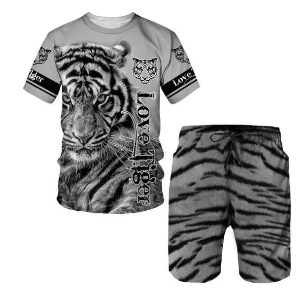 New Summer Men's Sets Shorts Outfits 3D Tiger Printed Short Sleeve T-shirt Two Pieces Casual Tracksuit Oversized Beach Sportwear