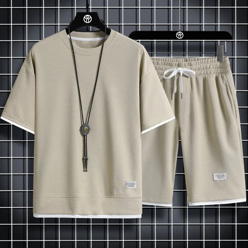 Korean Men's Waffle Tracksuit Short Sleeve T-shirts And Sports Shorts Summer Casual Outfits Joggers Sets Men's Two Piece Suit