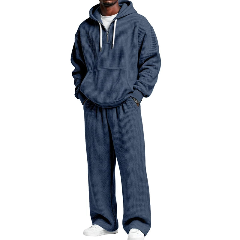 Autumn Winter Mens Casual Tracksuits Long Sleeve Waffle Plaid Hoodies And Pants Two Piece Sets Men Stylish Solid Color Outfits