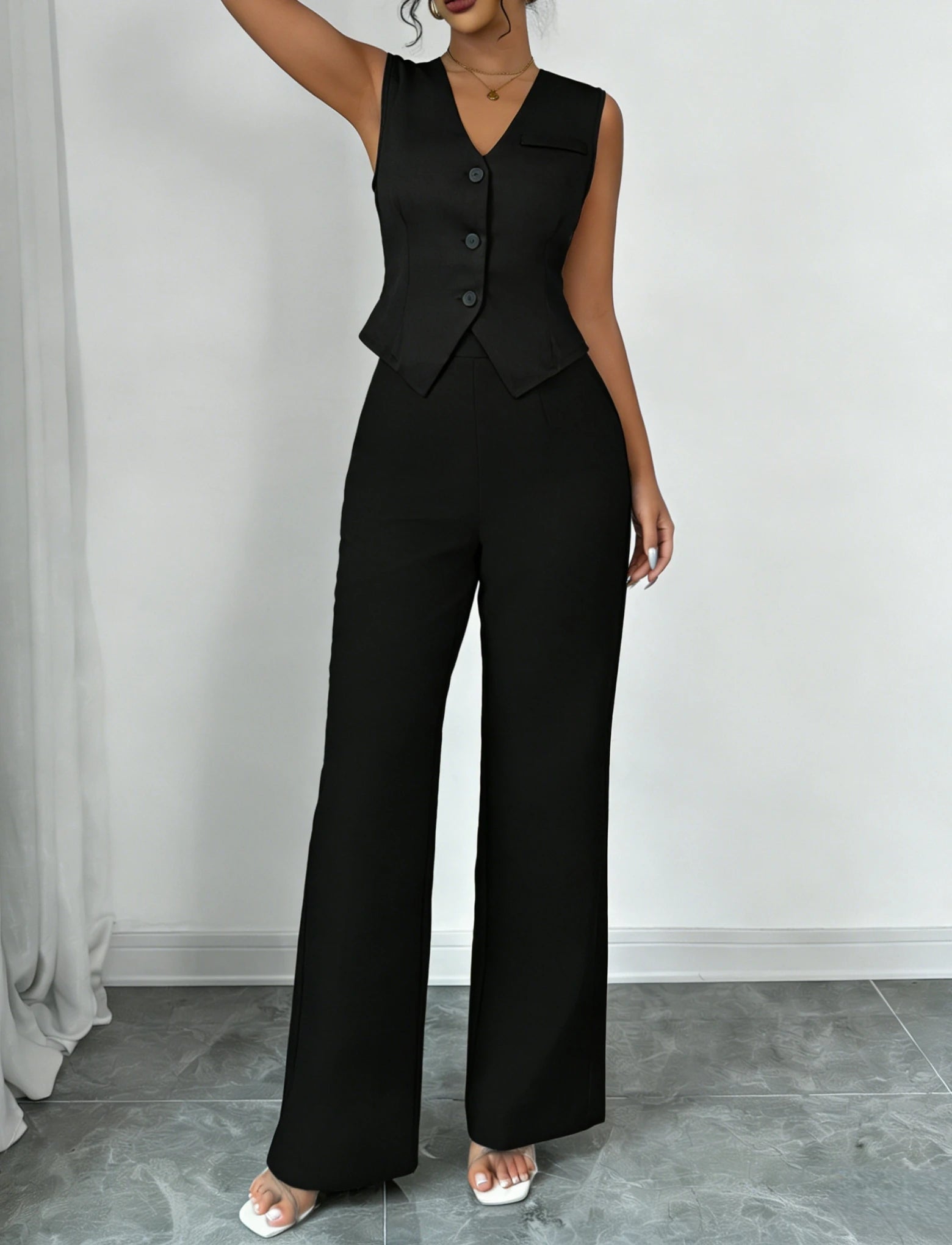 Women's Black Two Piece Outfit Sleeveless V Neck Vest Blazer High Waist Wide Leg Pants Elegant Office Spring Summer Suit Set