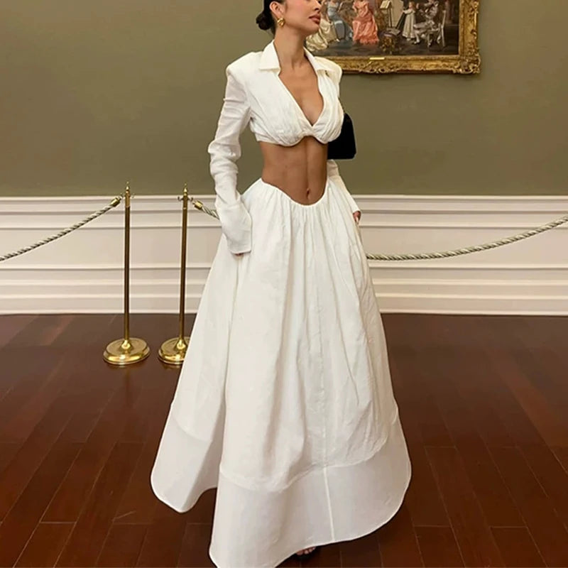 Simple High Waist Party Suits Ladies Sexy V Neck Long Sleeved Shirt and Skirt Two Piece Set Spring Holiday Solid Casual Outfit